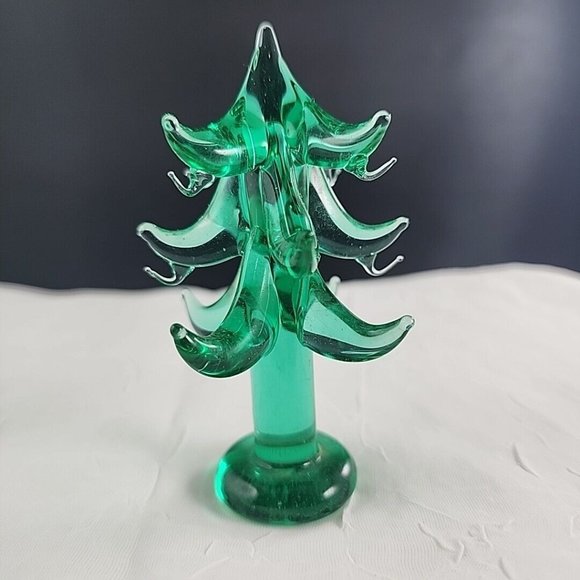 4" Solid Green Art Glass Christmas Tree with 5 Tiny Art Glass Ornaments - Picture 5 of 7